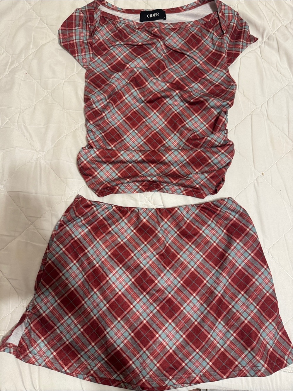 Cider Red and Light Blue Plaid Two-Piece Skirt Set